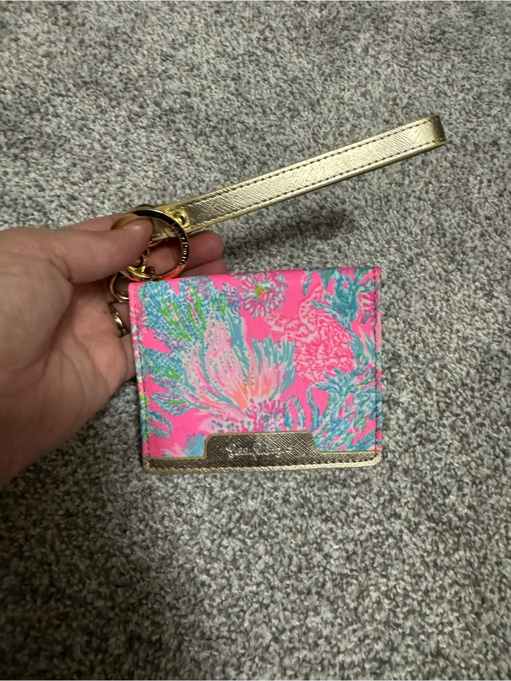 Lilly Pulitzer Pink Floral Card & Key Wristlet with Gold Trim
